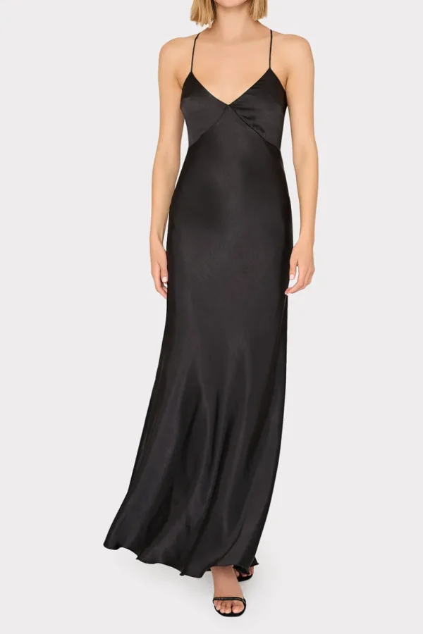 Best MILLY Addie Hammered Satin Maxi Dress Black