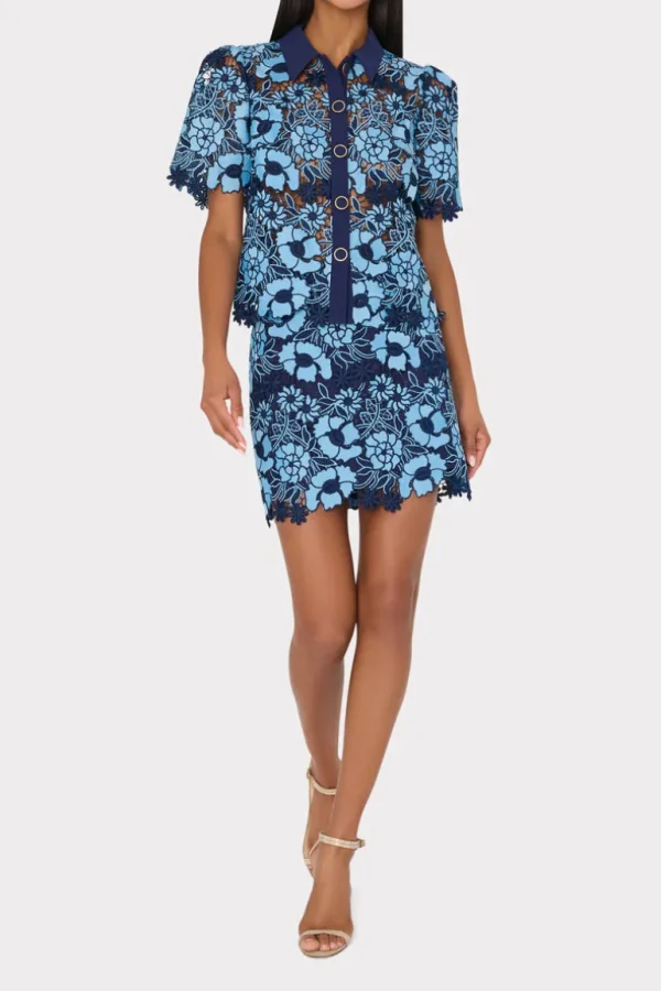 Hot MILLY Addison Two Tone Floral Lace Top Blue/Navy