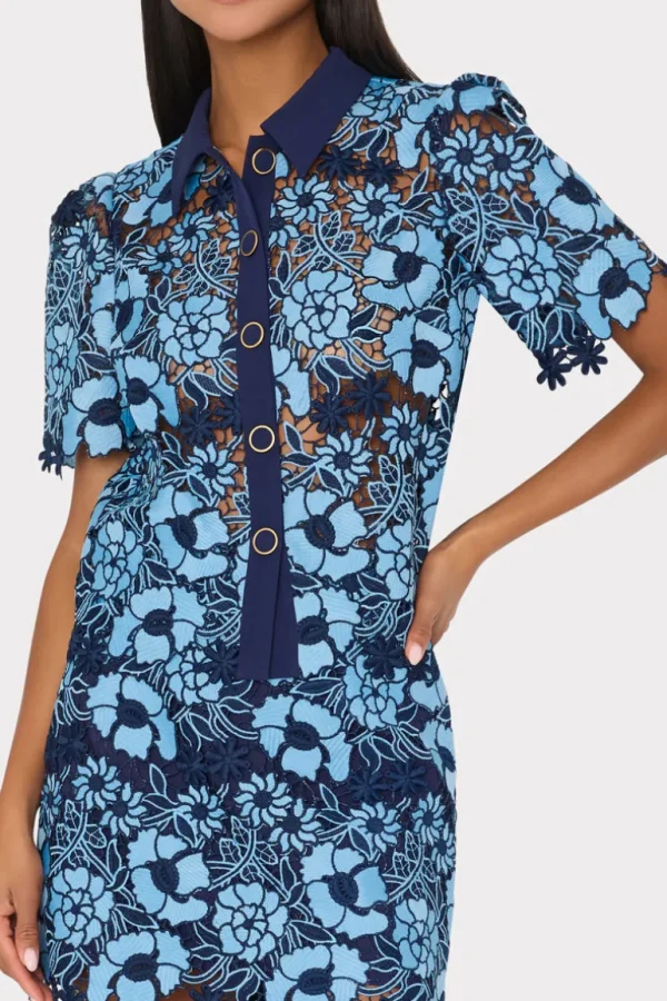 Hot MILLY Addison Two Tone Floral Lace Top Blue/Navy