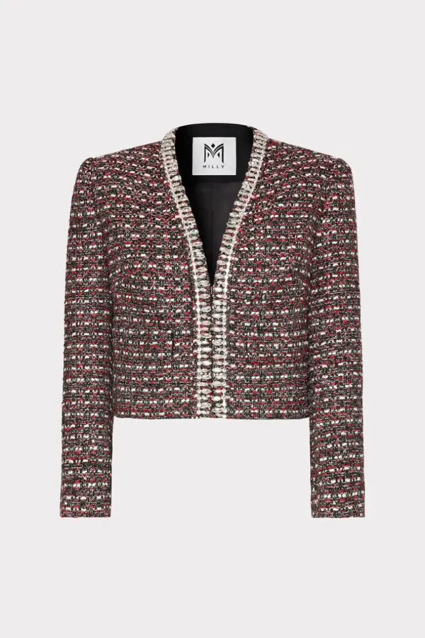 Cheap MILLY Amaya Tweed Crystal Embellished Jacket Scarlet Multi