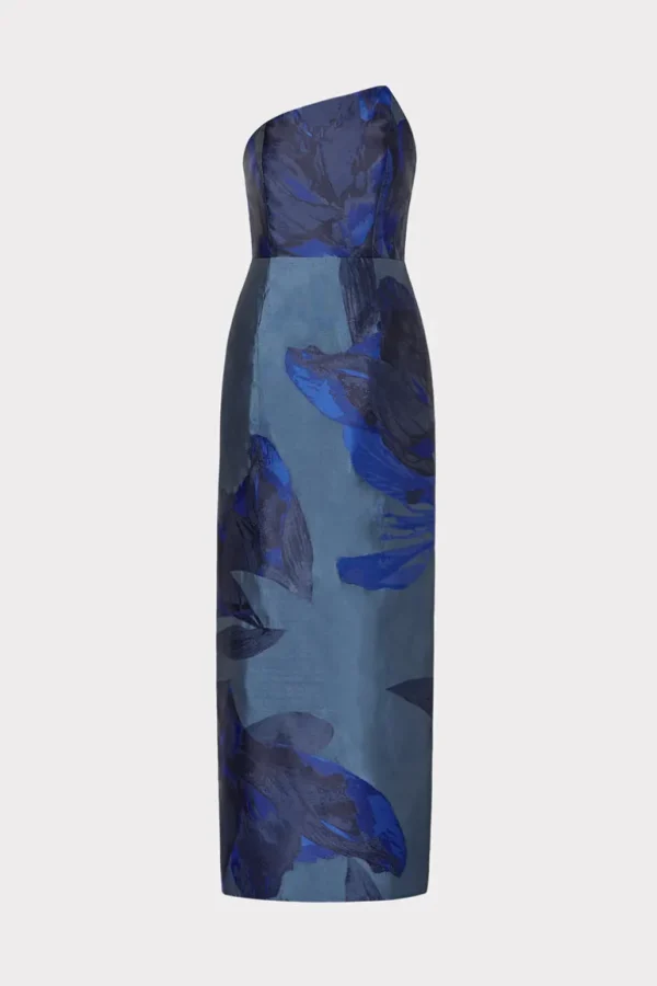 Best Sale MILLY Asymmetrical Forest Jacquard Maxi Dress Navy Multi