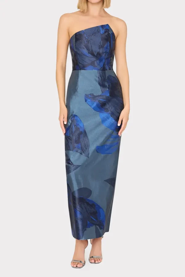 Best Sale MILLY Asymmetrical Forest Jacquard Maxi Dress Navy Multi