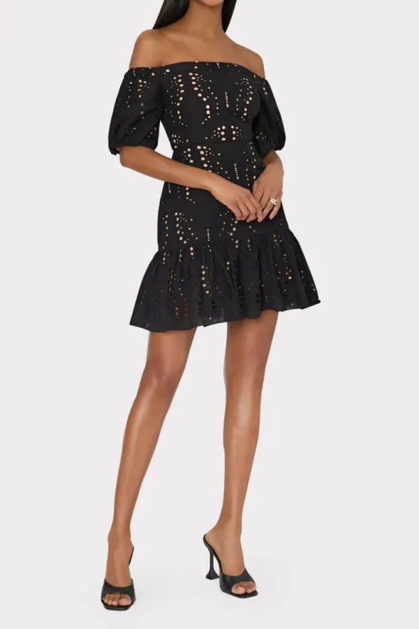 Cheap MILLY Butterfly Eyelet Off The Shoulder Dress Black