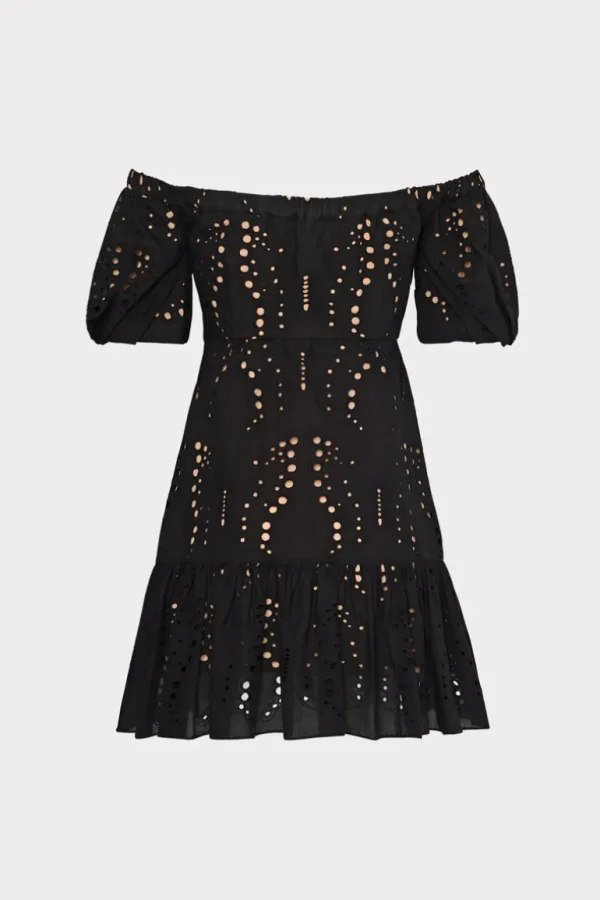 Cheap MILLY Butterfly Eyelet Off The Shoulder Dress Black