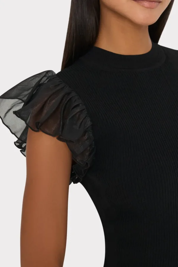 Cheap MILLY Chiffon Flutter Sleeve Knit Top Black