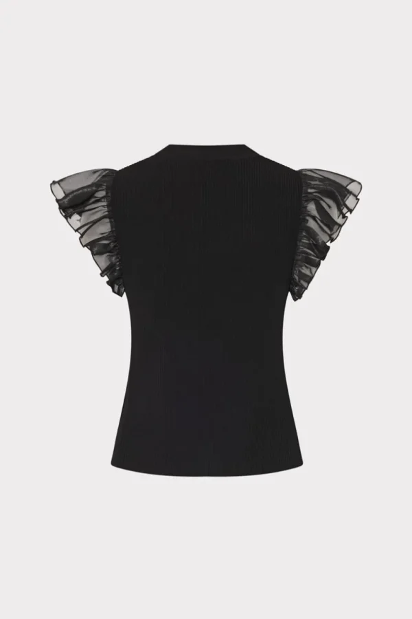 Cheap MILLY Chiffon Flutter Sleeve Knit Top Black