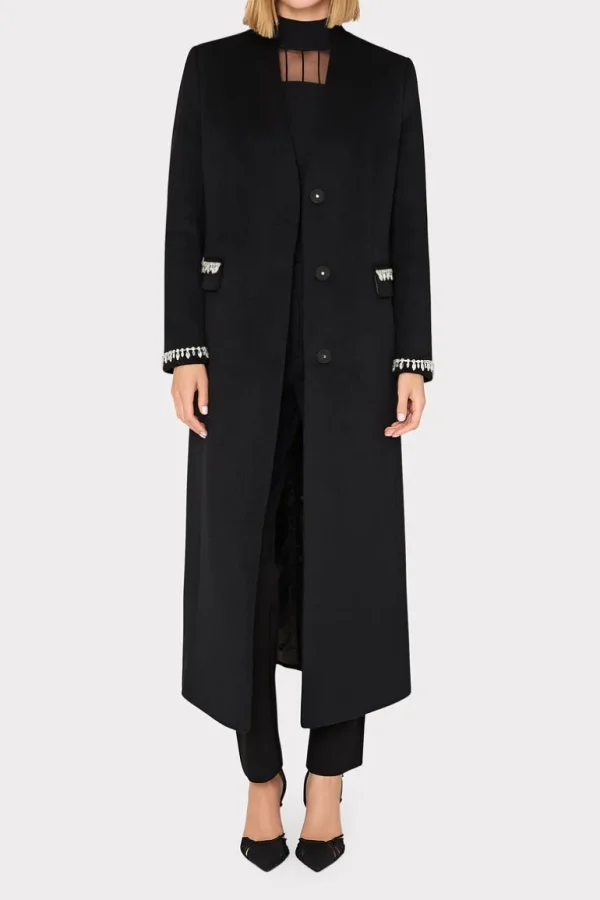 Sale MILLY Embellished Trim Long Coat Black