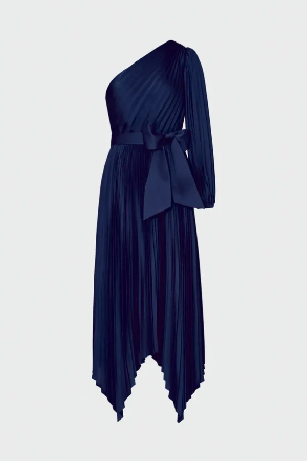 Hot MILLY Essi Satin Pleated One Shoulder Dress Navy