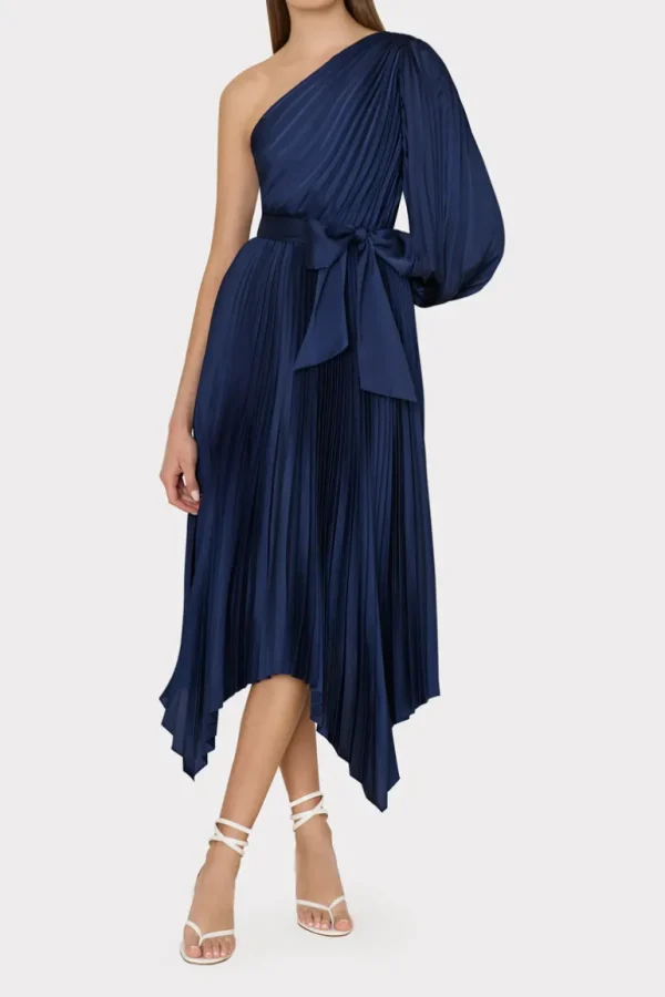 Hot MILLY Essi Satin Pleated One Shoulder Dress Navy