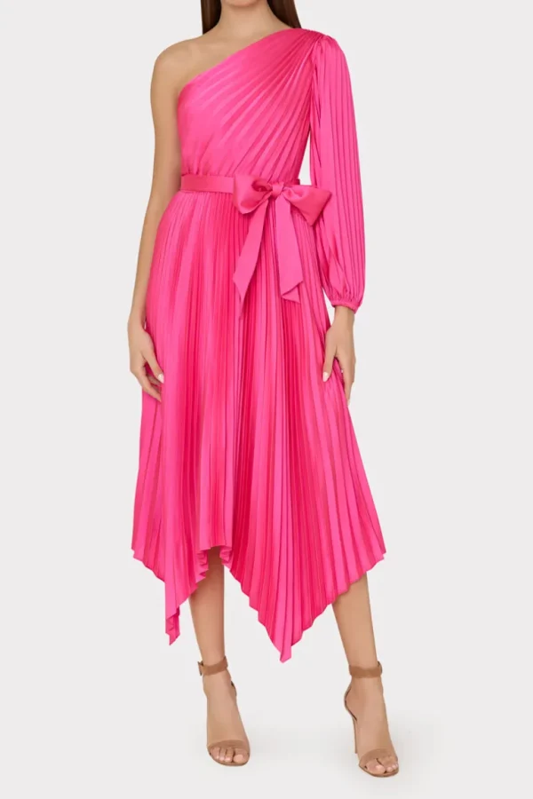 Best MILLY Essi Satin Pleated One Shoulder Dress Pink