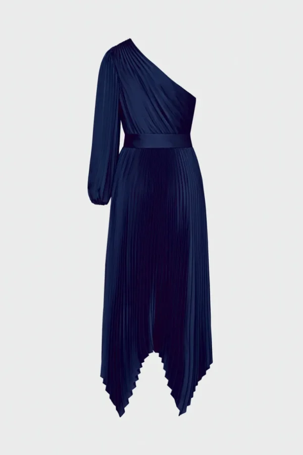 Hot MILLY Essi Satin Pleated One Shoulder Dress Navy