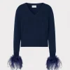 Cheap MILLY Feather Cuff V-Neck Sweater Navy