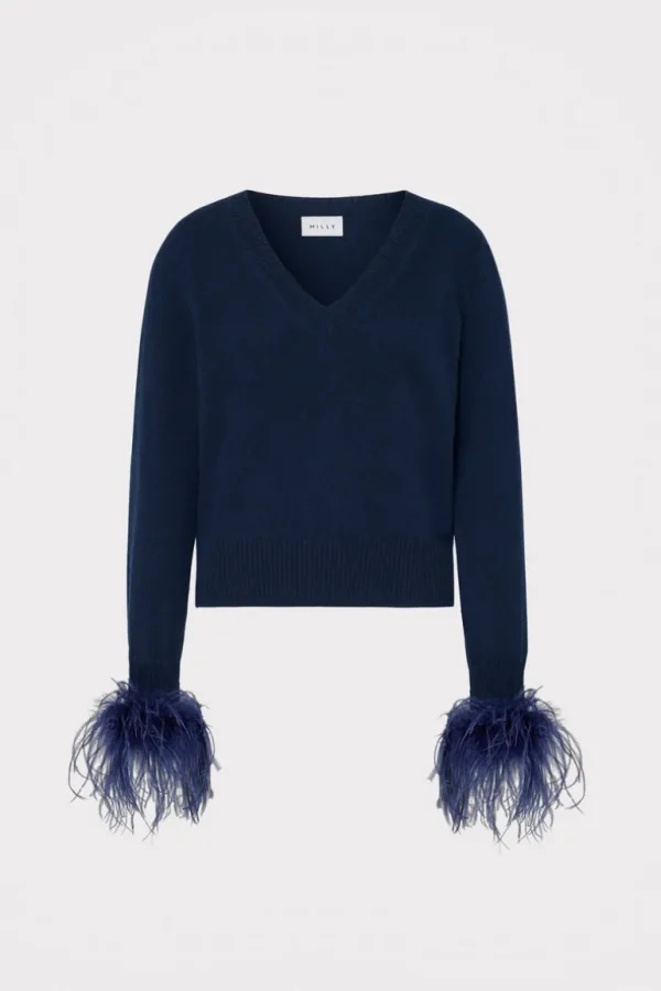 Cheap MILLY Feather Cuff V-Neck Sweater Navy