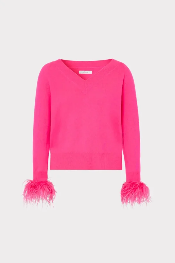 Store MILLY Feather Cuff V-neck Sweater Milly Pink