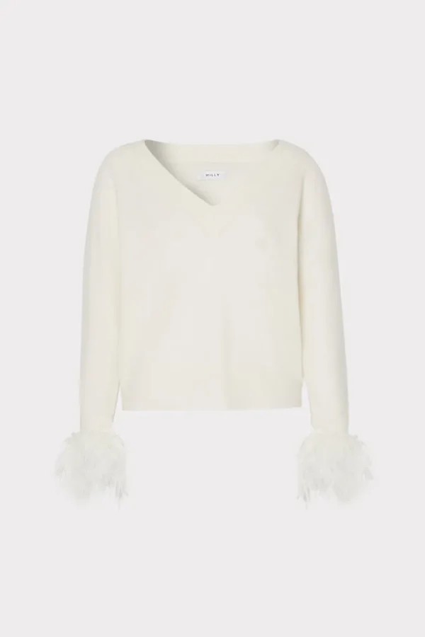 Cheap MILLY Feather Cuff V-Neck Sweater Ecru