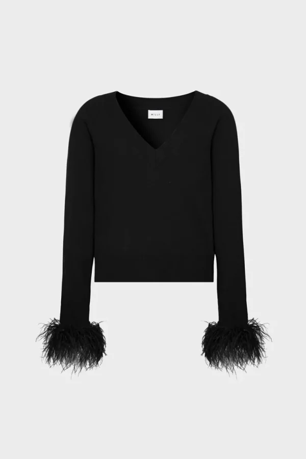 Flash Sale MILLY Feather Cuff V-Neck Sweater Black