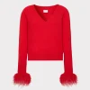 Sale MILLY Feather Cuff V-Neck Sweater Red