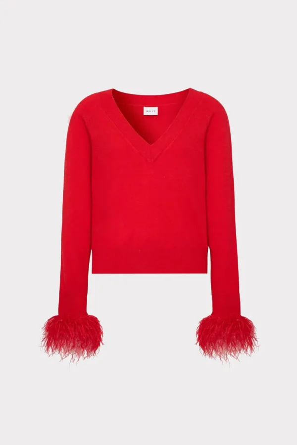 Sale MILLY Feather Cuff V-Neck Sweater Red