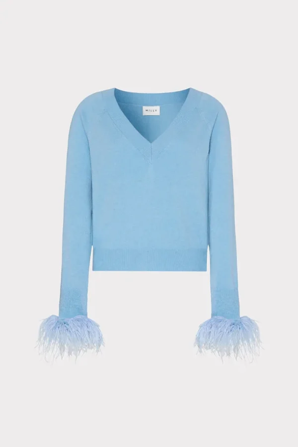 Best MILLY Feather Cuff V-Neck Sweater Ice Blue