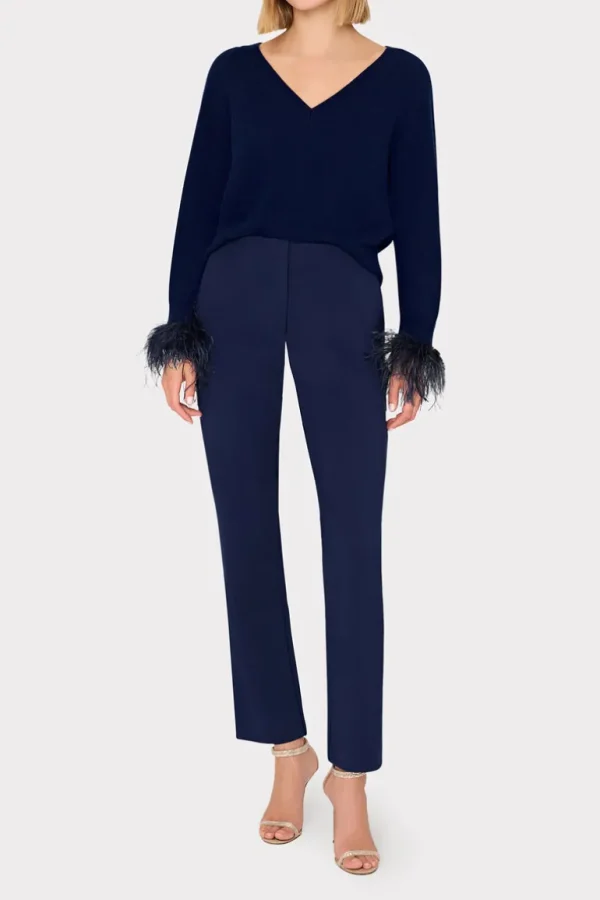 Cheap MILLY Feather Cuff V-Neck Sweater Navy