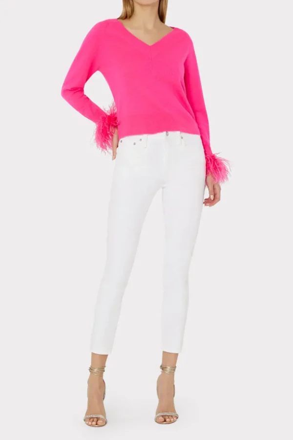 Store MILLY Feather Cuff V-neck Sweater Milly Pink