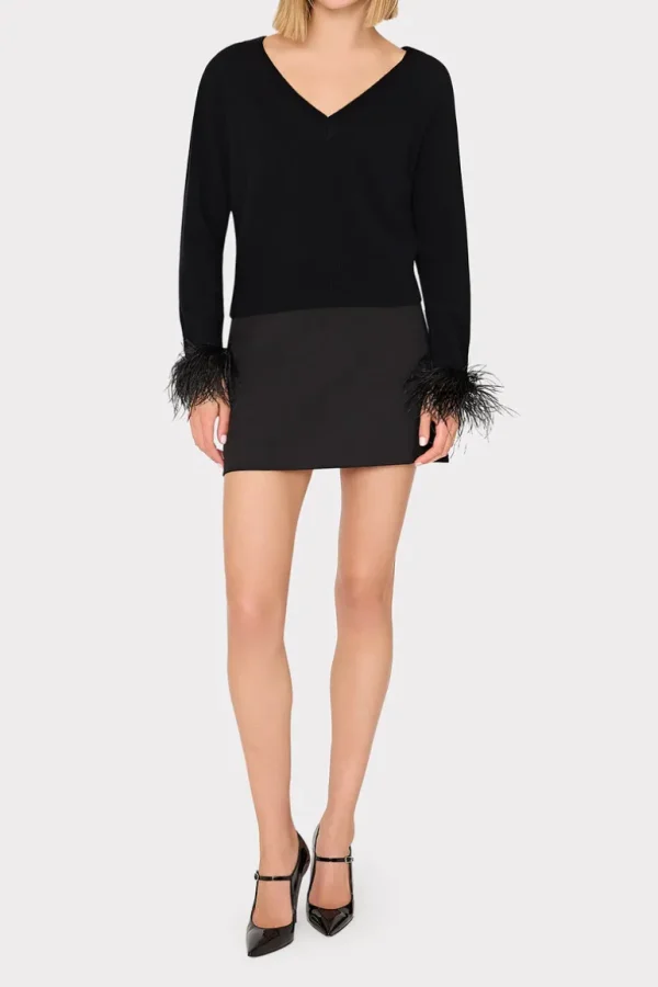 Flash Sale MILLY Feather Cuff V-Neck Sweater Black