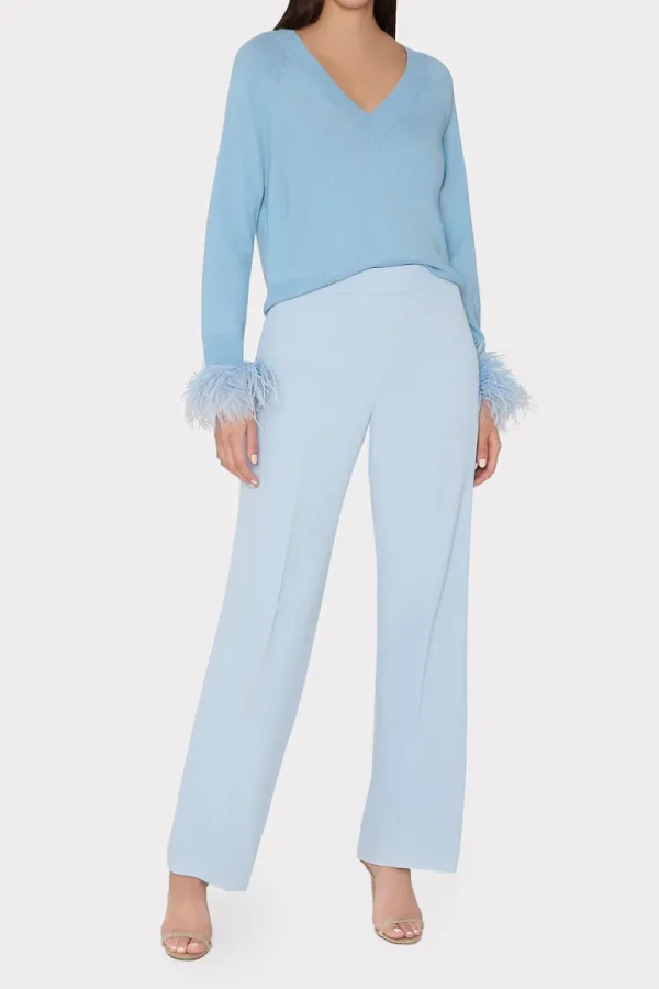 Best MILLY Feather Cuff V-Neck Sweater Ice Blue