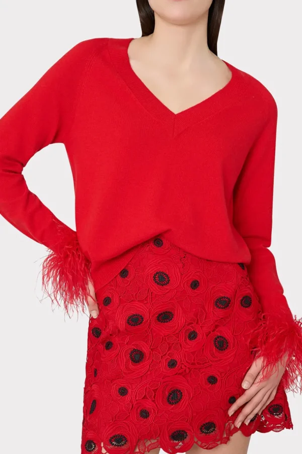 Sale MILLY Feather Cuff V-Neck Sweater Red