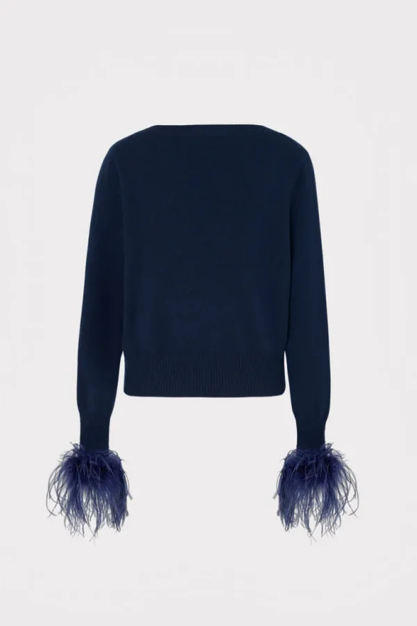 Cheap MILLY Feather Cuff V-Neck Sweater Navy