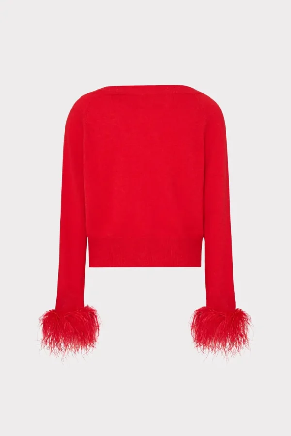 Sale MILLY Feather Cuff V-Neck Sweater Red