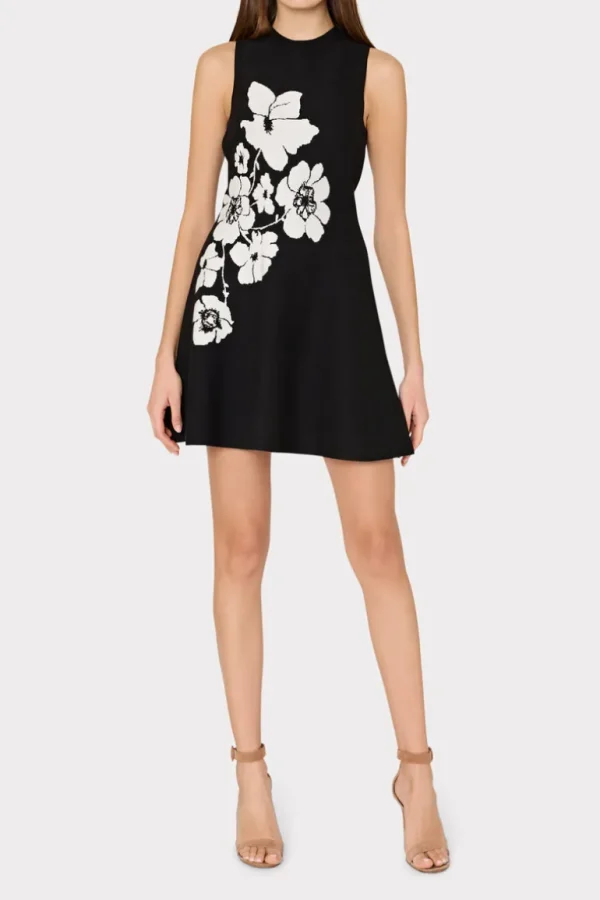 Best Sale MILLY Floral Flare Knit Mini Dress Black/Ecru