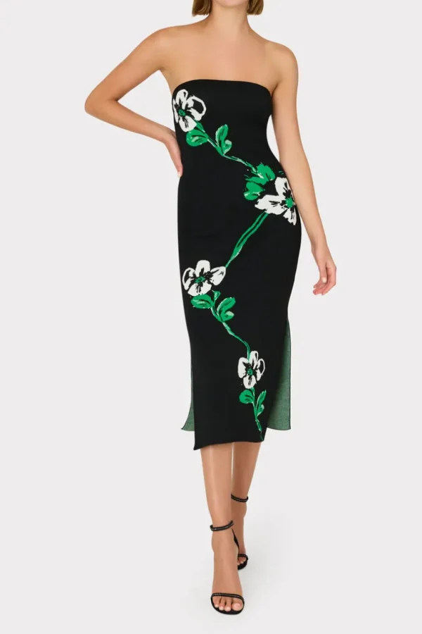 Cheap MILLY Floral Jacquard Strapless Midi Dress Black Multi