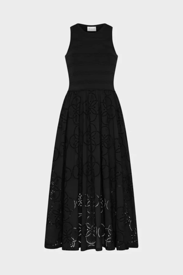 Outlet MILLY Geo Eyelet Knit Combo Midi Dress Black