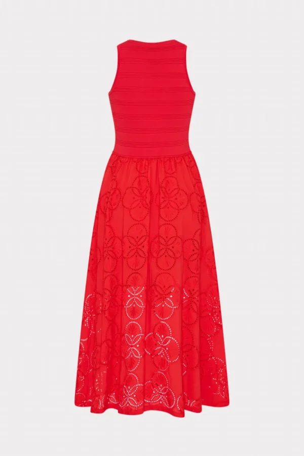 Fashion MILLY Geo Eyelet Knit Combo Midi Dress Red