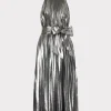 Cheap MILLY Idena Pleated Lamé Halter Dress Silver