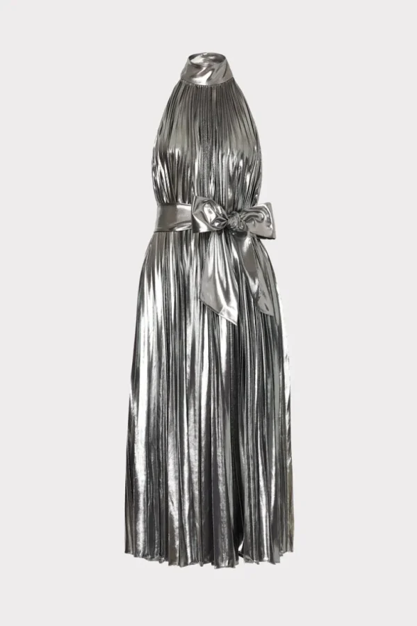 Cheap MILLY Idena Pleated Lamé Halter Dress Silver