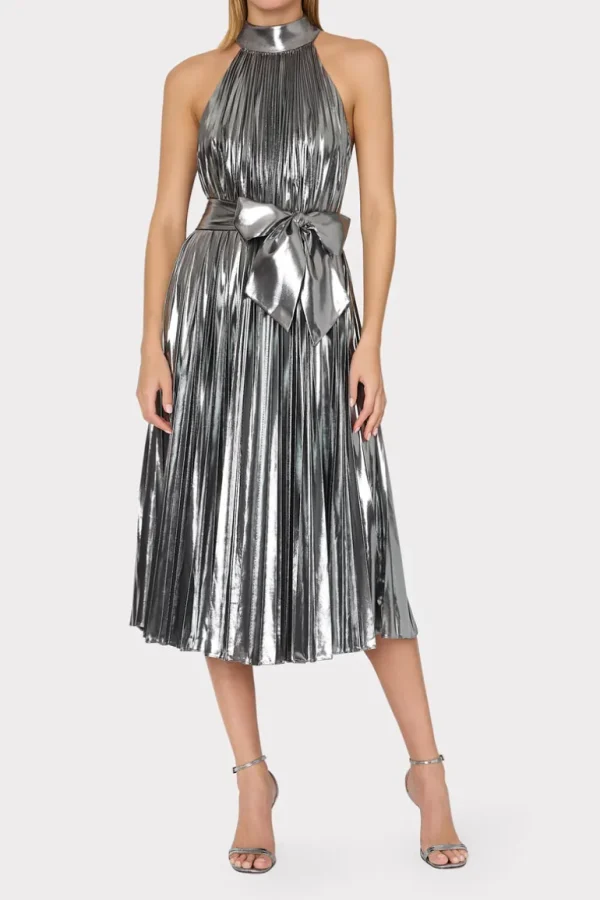 Cheap MILLY Idena Pleated Lamé Halter Dress Silver