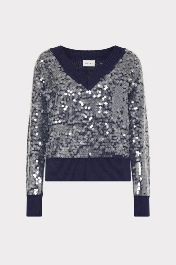 Hot MILLY Ilaria Sequin V-Neck Sweater Navy