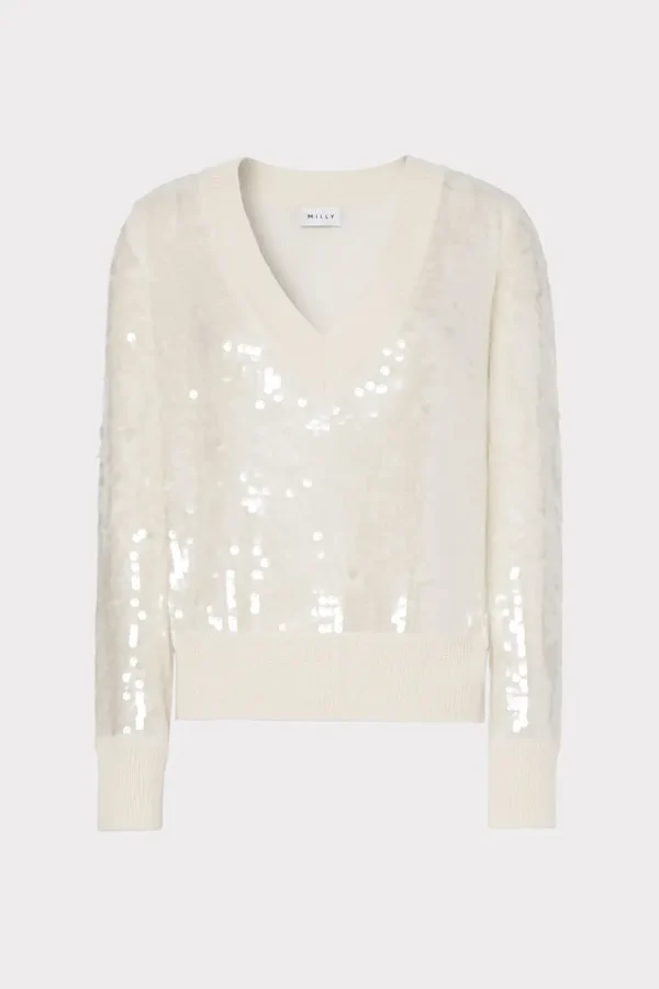 Shop MILLY Ilaria Sequin V-Neck Sweater Ecru