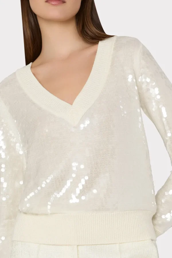 Shop MILLY Ilaria Sequin V-Neck Sweater Ecru