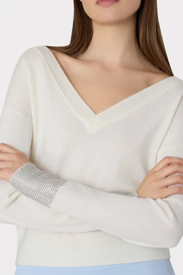 Online MILLY Ilyse Crystal Cuff V-Neck Sweater Ecru