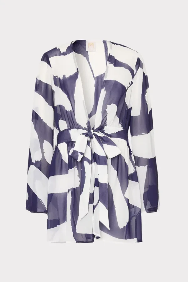 Cheap MILLY Jessie Graphic Brushstroke Chiffon Cover-Up Navy/Ecru