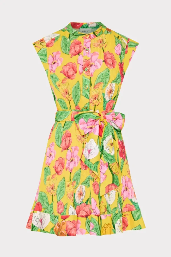 Online MILLY Joan Tulip Rosette Pleated Dress Yellow Multi