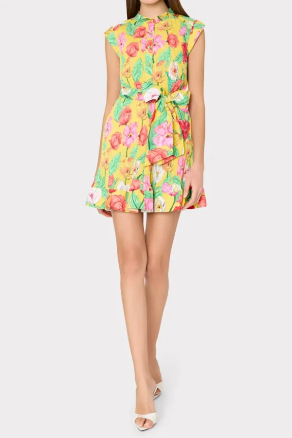 Online MILLY Joan Tulip Rosette Pleated Dress Yellow Multi