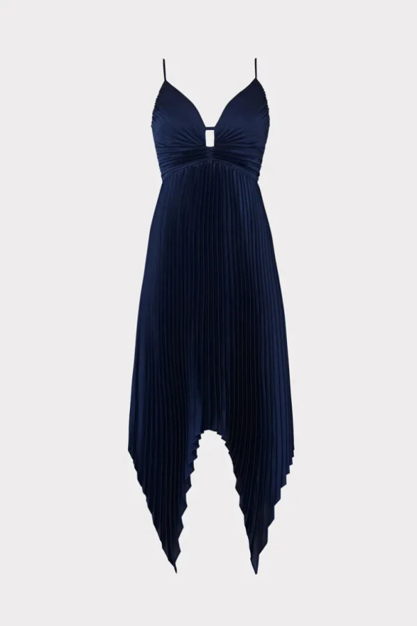 Flash Sale MILLY Joanna Pleated Satin Dress Navy