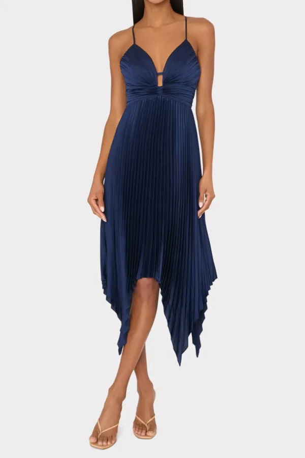 Flash Sale MILLY Joanna Pleated Satin Dress Navy