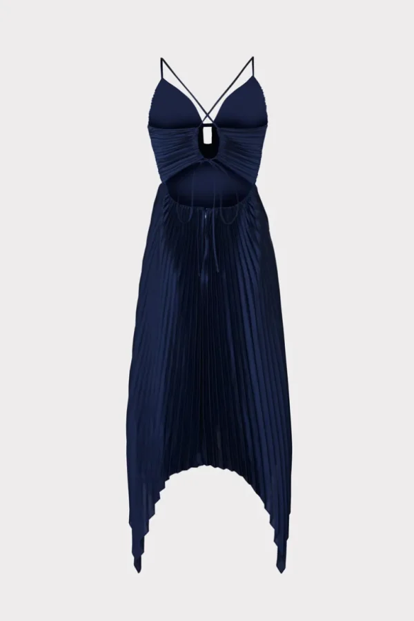 Flash Sale MILLY Joanna Pleated Satin Dress Navy