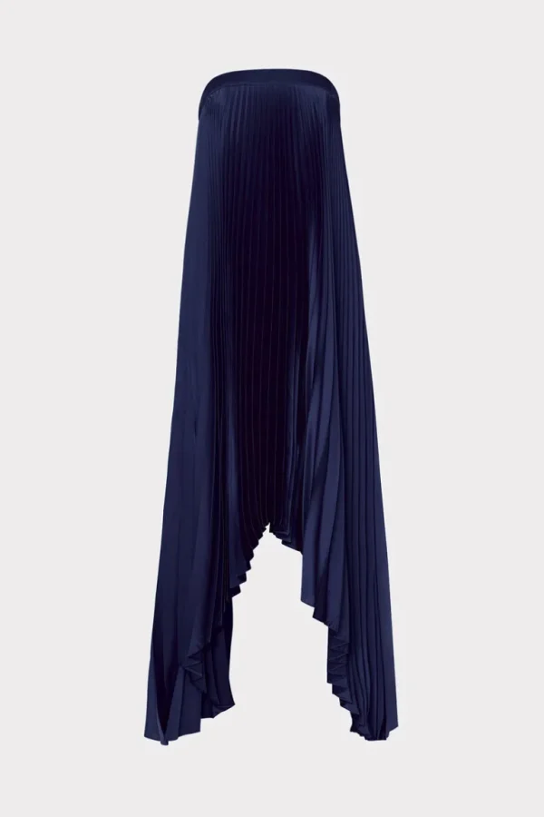 Shop MILLY Jordyn Satin Pleated Strapless Dress Navy