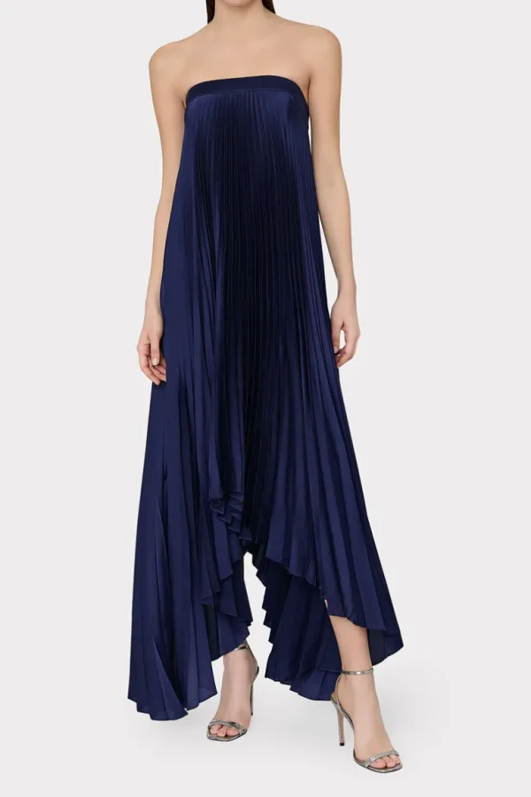 Shop MILLY Jordyn Satin Pleated Strapless Dress Navy