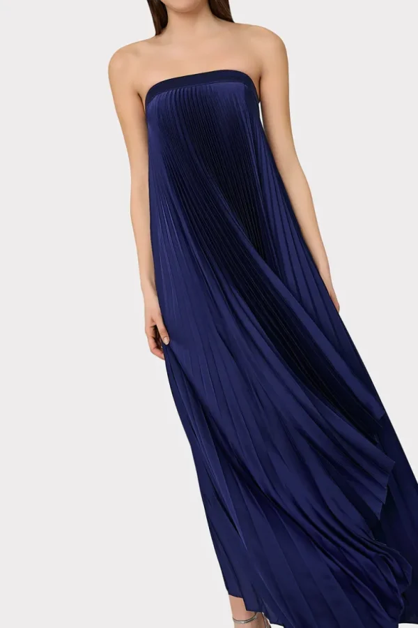 Shop MILLY Jordyn Satin Pleated Strapless Dress Navy